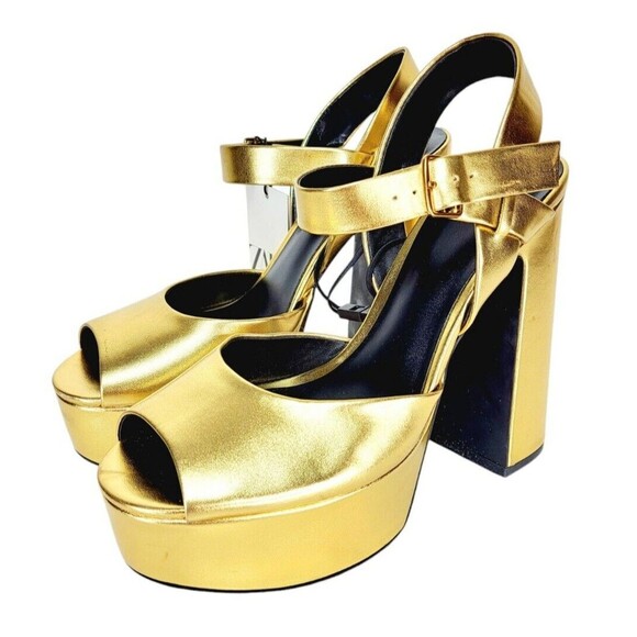 Zara Metallic Gold Open Toe Chunky Heel Ankle Strap Platforms Size 39 EUR 8 US - Picture 1 of 12